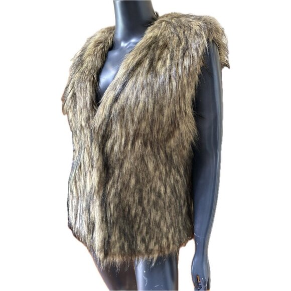 New Ellison Faux Fur Vest Women's Size M Brown Pockets Hook Eye Closure - Picture 9 of 10